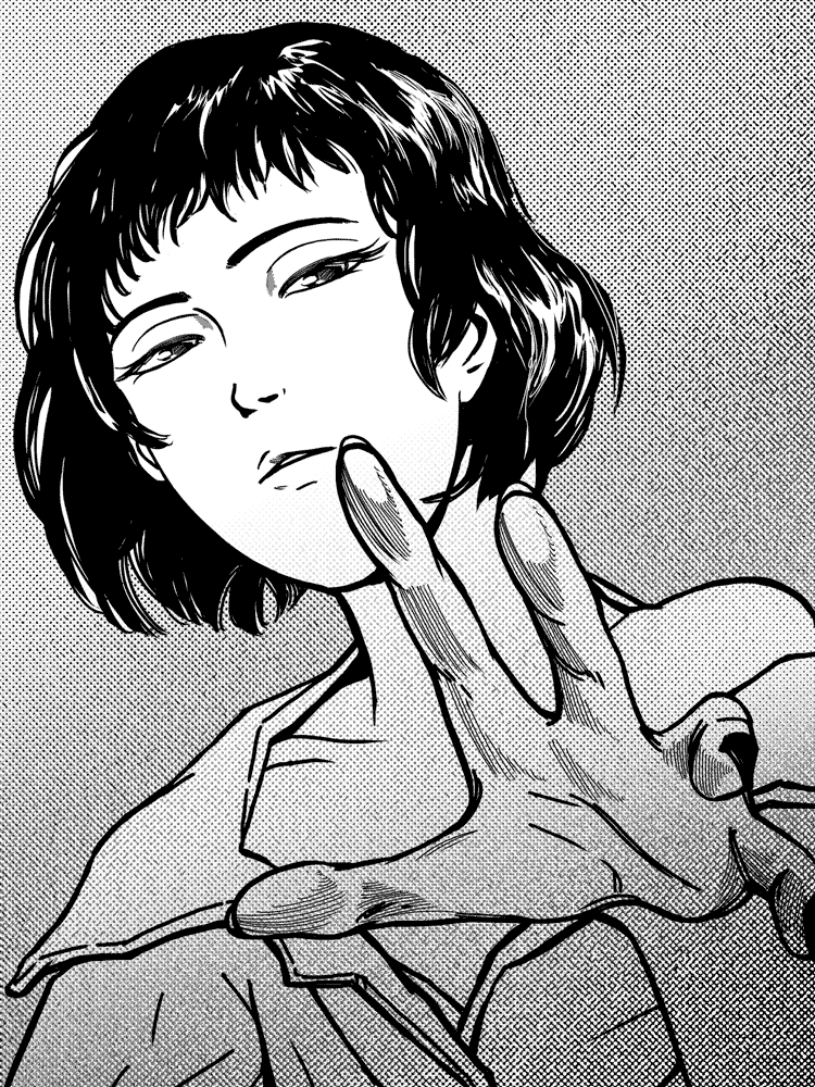 A manga-styled illustration of a young woman extending her hand