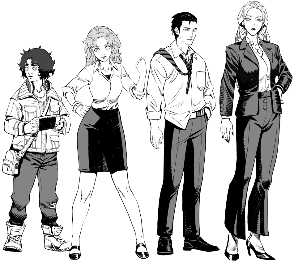 Four manga-styled characters against a halftone background